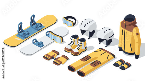 Outdoor gear isometric set featuring snowboarding equipment and accessories for winter sports enthusiasts