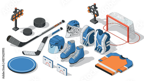 Isometric hockey equipment icons: sticks, puck, skates, and more in blue and orange