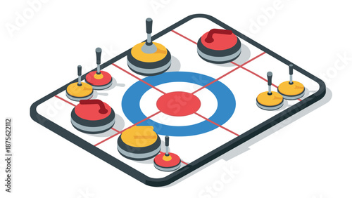 Isometric curling game on tabletop with colorful discs and target
