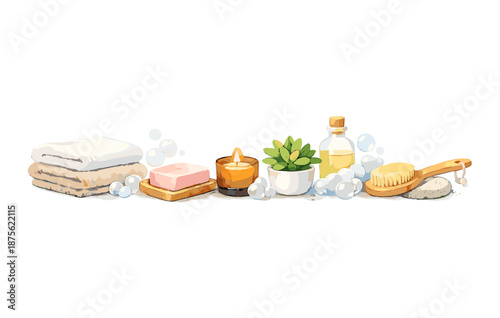 Spa essentials: candles, soap, towels, plant, oils, brush, and stones set for relaxation