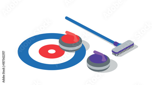 Isometric curling equipment with stones target and broom on ice rink