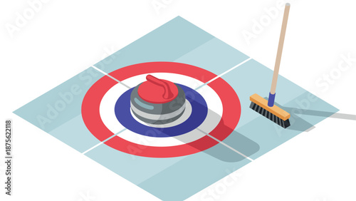 Curling game with stone and broom on target