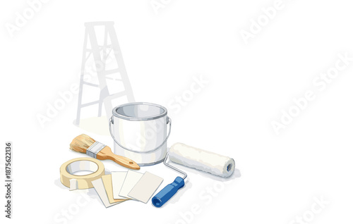 Home painting supplies: brushes, roller, tape, and ladder illustration