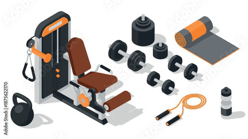 Modern isometric gym equipment set with weights, bench, and accessories
