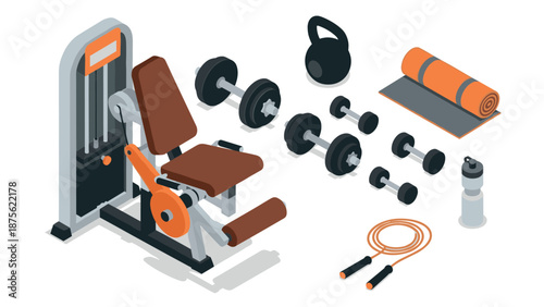Isometric gym equipment set: dumbbells, kettlebell, and workout essentials