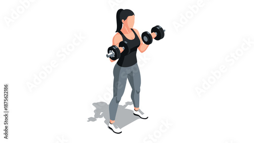 Isometric fitness: woman lifting dumbbells in workout pose