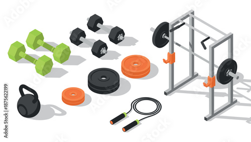 Isometric gym equipment set: dumbbells, kettlebell, and weights for fitness training