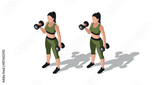 Isometric female fitness with dumbbells for workout and training routines