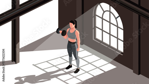 Strong woman lifting dumbbell in sunlit gym with large window