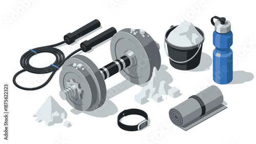 Isometric fitness equipment collection: dumbbells, rope, water bottle, and more in modern style