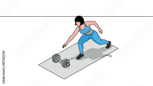Woman exercising with dumbbell on yoga mat in modern flat art style