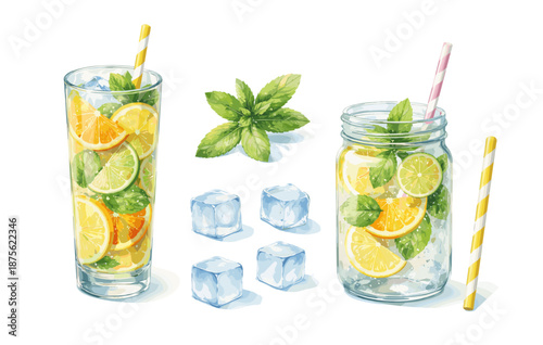 Refreshing lemon lime mint drinks with ice cubes and straws