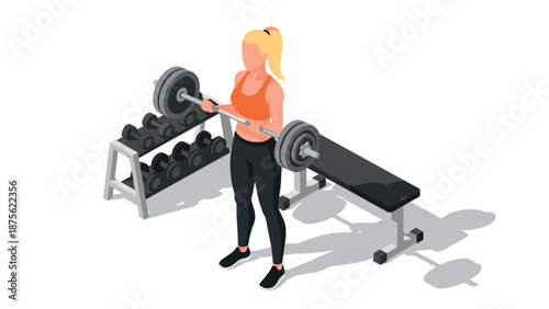 Isometric fitness woman lifting barbell in gym setting