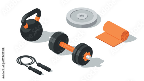 Home workout essentials: dumbbell, kettlebell, yoga mat, and more in isometric style