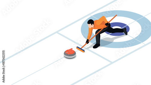 Isometric curling scene with player and stone on ice rink