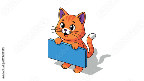 Adorable cartoon cat holding a blank sign with a cheerful expression
