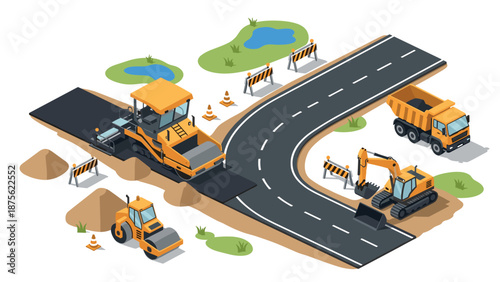 Isometric road construction scene with heavy machinery and safety barriers