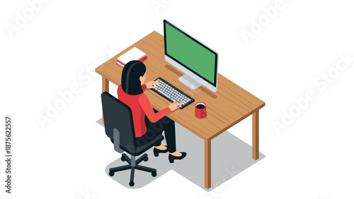 Isometric office worker at computer desk with coffee and books