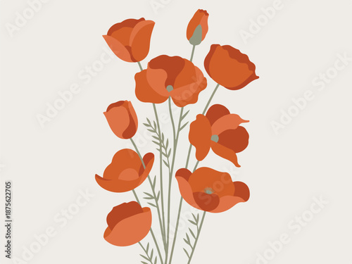 A minimalist vector illustration of red poppies on a white background from a straightforward viewpoint