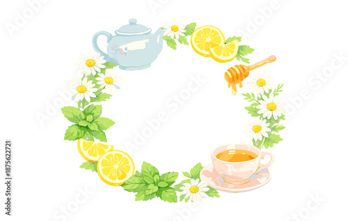 Floral tea arrangement with teapot cup honey and lemon on white background