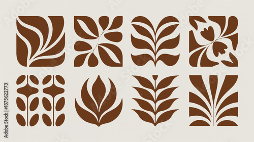 A collection of minimalist logo design templates featuring floral patterns and abstract shapes in a monochromatic brown color scheme.