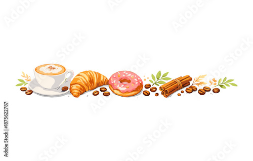 Coffee and pastry delight: croissant, donut, cinnamon sticks, coffee beans