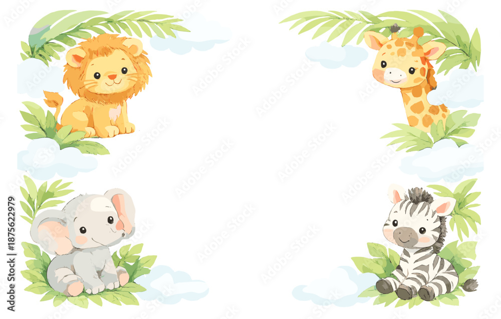 Fototapeta premium Cute safari animals frame: lion, giraffe, elephant, and zebra in jungle setting