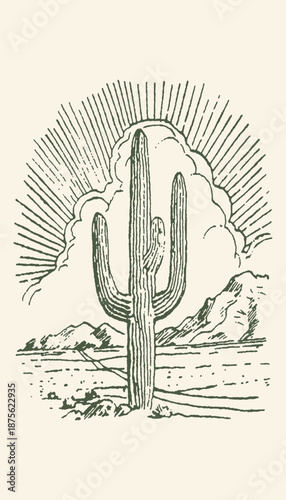 Vintage Linocut Style Illustration of a Saguaro Cactus in the Arizona Desert Landscape with Radiant Sunburst and Mountains