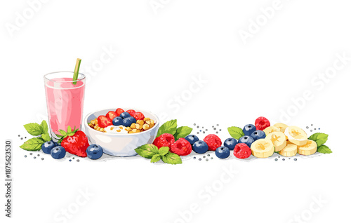 Fresh fruit and yogurt bowl with smoothie and berries