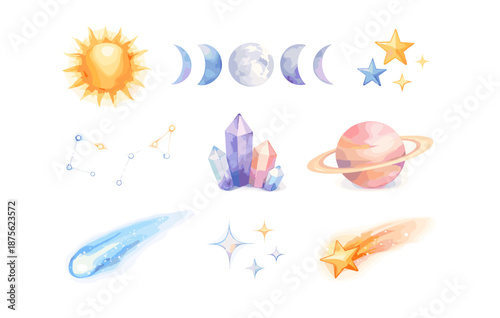 Celestial elements: sun, moon phases, planets, crystals, constellations, and comets on white