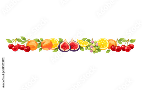 Colorful fruit border with cherries, peaches, figs, lemons, and grapes on white background