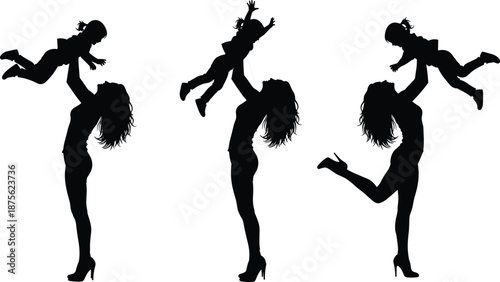 Mother and daughter silhouettes playing throwing child in air showing joy love bonding motherhood happiness isolated parenting vector illustration