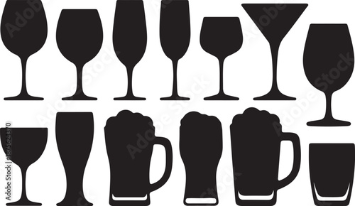 Drink Glass Silhouettes Set Black Vector Collection Bar Glassware Icons Pack