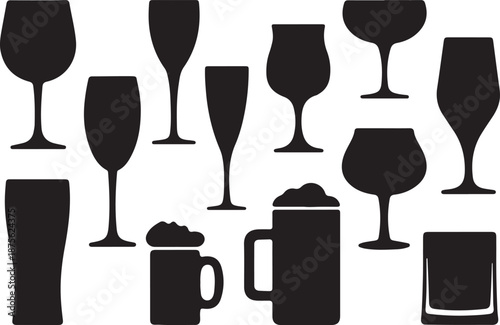 Drink Glass Silhouettes Set Black Vector Collection Bar Glassware Icons Pack
