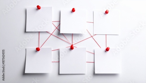 Network of six blank white notes connected by red string with push pins on a clean white background