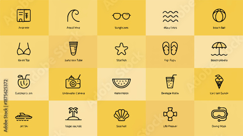 A collection of minimalist line art icons on a vibrant yellow background depicting various leisure activities and objects.