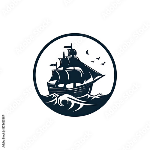 A dark blue sailing vessel icon on a dark blue sea set within a circle, with a moon and birds