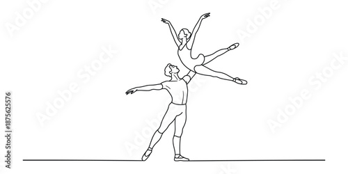 Elegant ballet dancers performing a dynamic lift in a graceful continuous line illustration