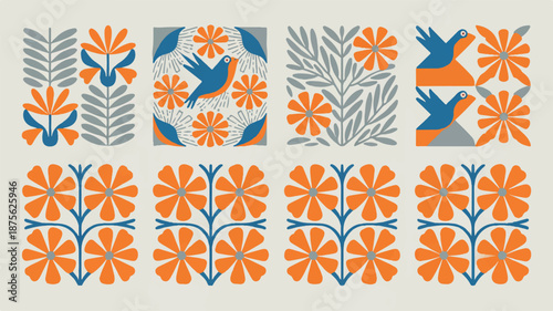 A collection of abstract botanical prints featuring stylized flowers and birds in a harmonious composition