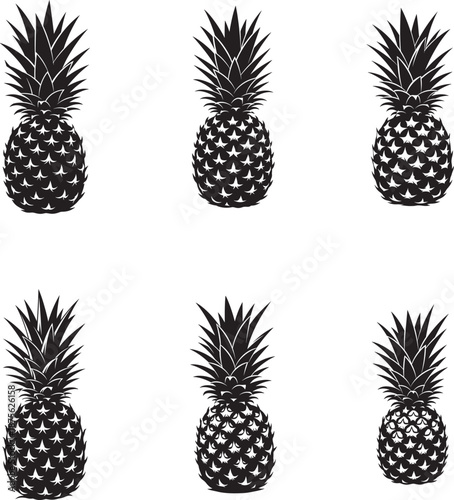 Six black and white illustrations of pineapples on a white background