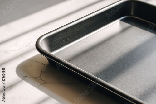 Shiny metal bakeware with a textured non-stick coating, viewed from above on a clean workspace