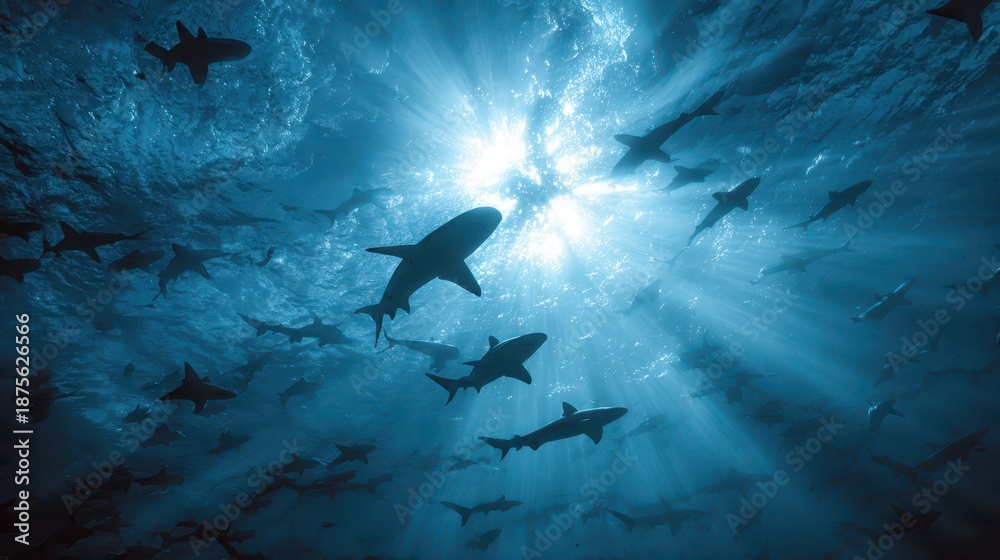 Fototapeta premium Silhouetted sharks gliding through clear blue water toward the light