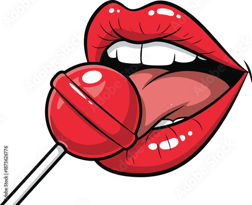 Cartoon, mouth licking lollipop, red lips, tongue out, glossy shine, pop art style, sweet candy, bold colors, playful expression