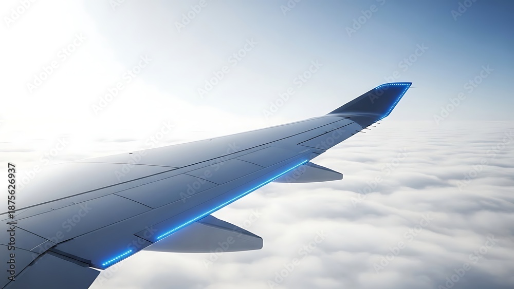Obraz premium Airplane Wing Soaring Above Fluffy White Clouds on a Bright Sunny Day.