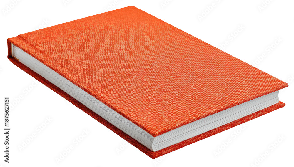 Fototapeta premium Close-up of a closed, orange book with white edged pages against a black background
