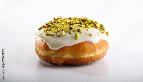 Gourmet Italian Berlina Doughnut N White Glaze With Pistachio Topping On White Background