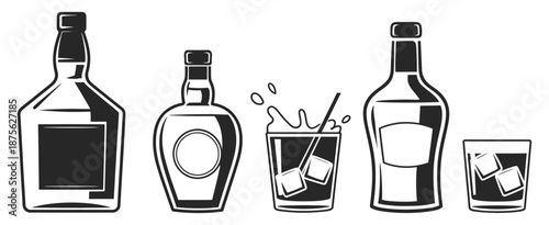 A collection of distilled spirit bottles and glasses with ice in a classic monochrome illustration