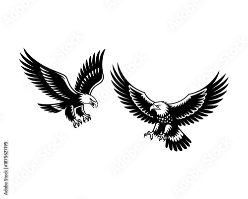 Pair of majestic bald eagles soaring with outstretched wings in a powerful graphic illustration