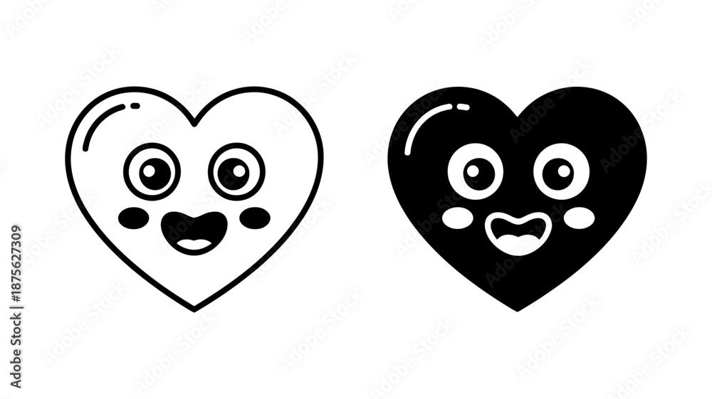 Fototapeta premium Cute happy heart cartoon character illustration in two styles for love and romance