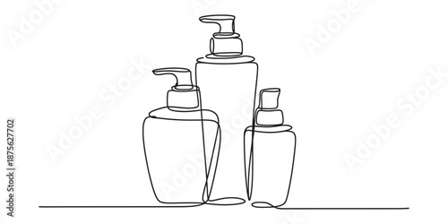 Minimalist continuous line art illustration of assorted pump bottles for beauty products